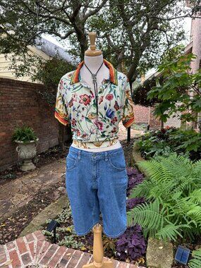 Johnny Was Felix Short Sleeve Polo Tee Floral Stripe Collar Med